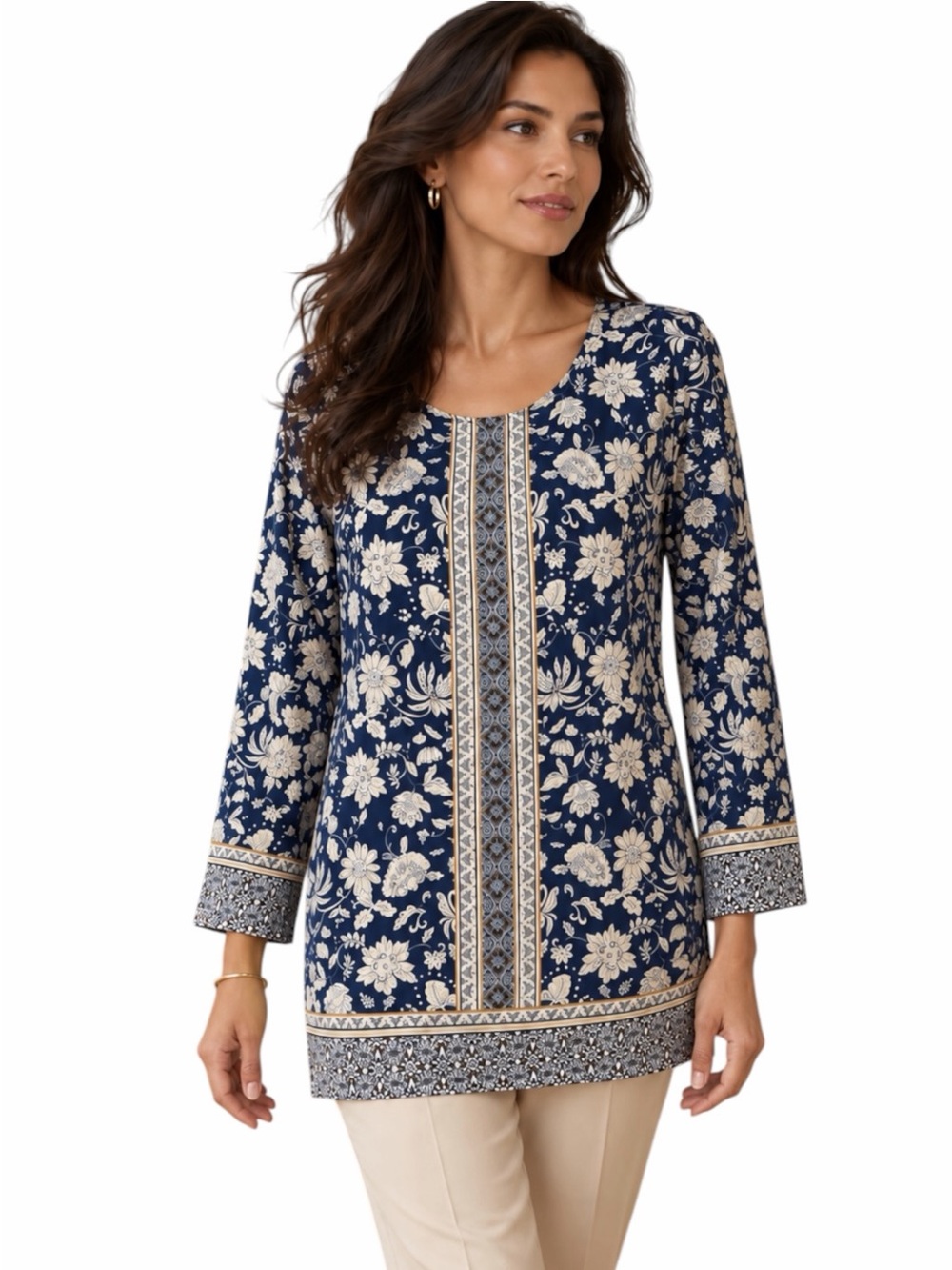 Susan Graver Weekend Medium Navy Blue & Cream Floral Tunic Casual Office Modest